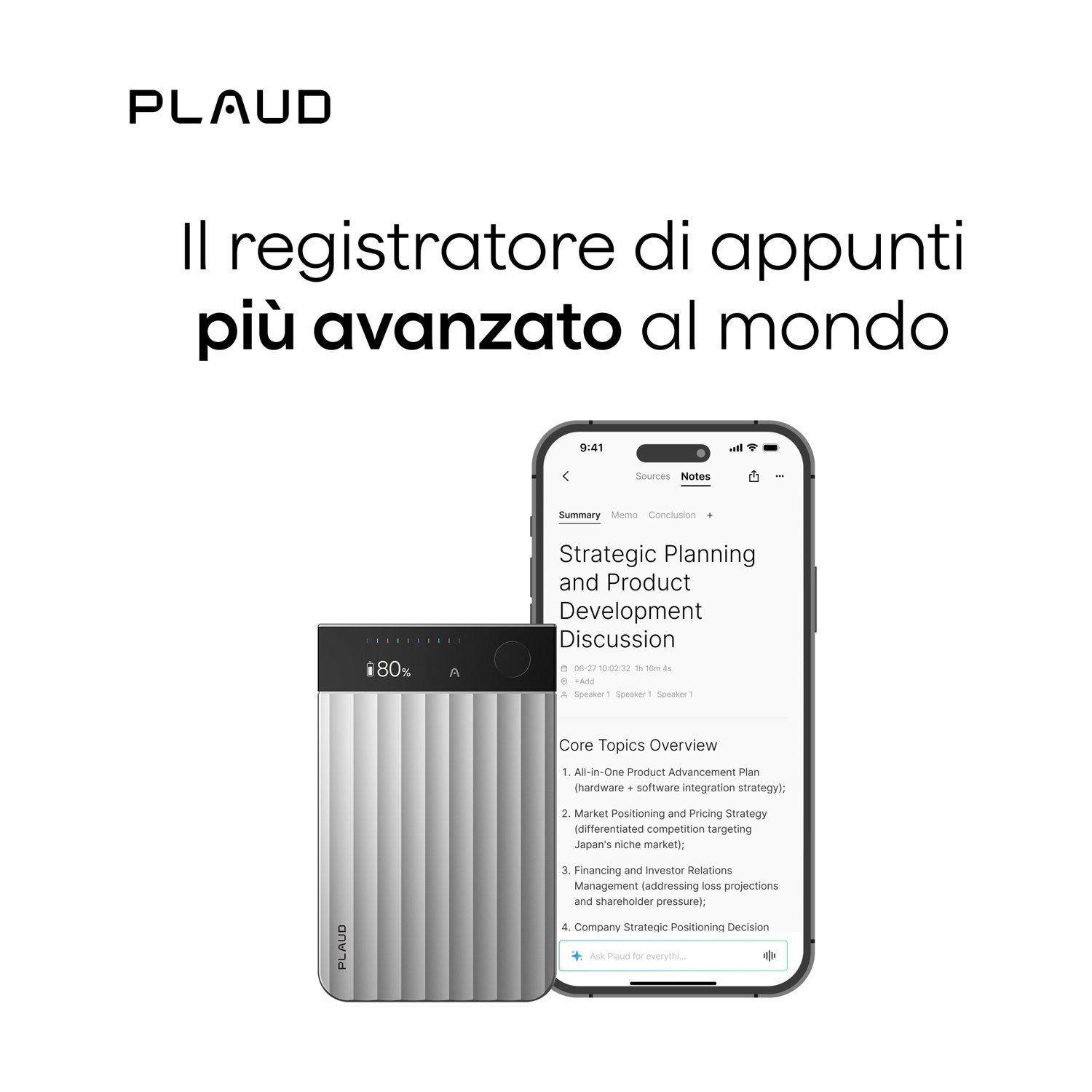 Dispositivo PLAUD argentato con app note sullo schermo. Testo: "Il registratore di appunti più avanzato al mondo."