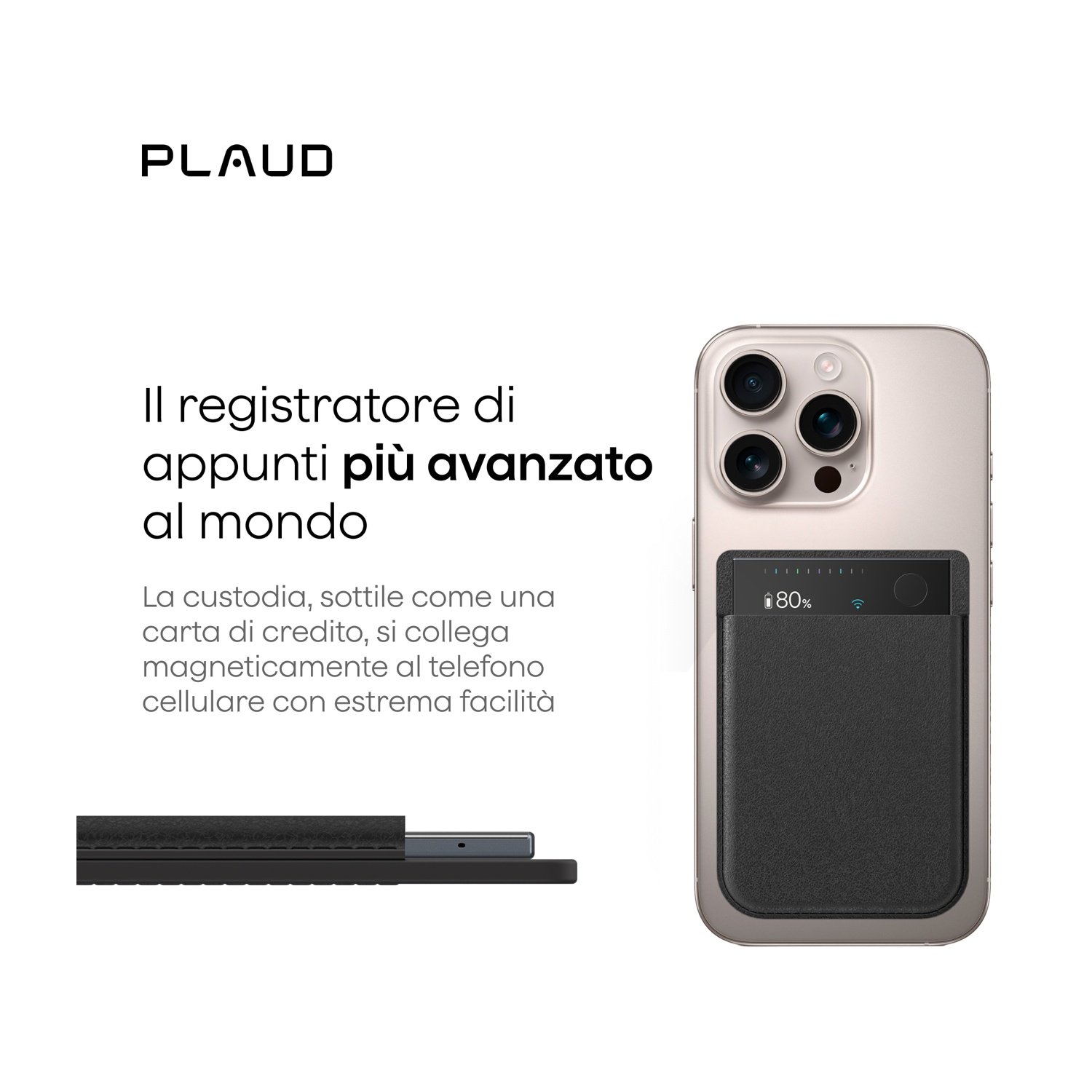 Un sottile portafoglio nero si attacca magneticamente a uno smartphone oro chiaro.
