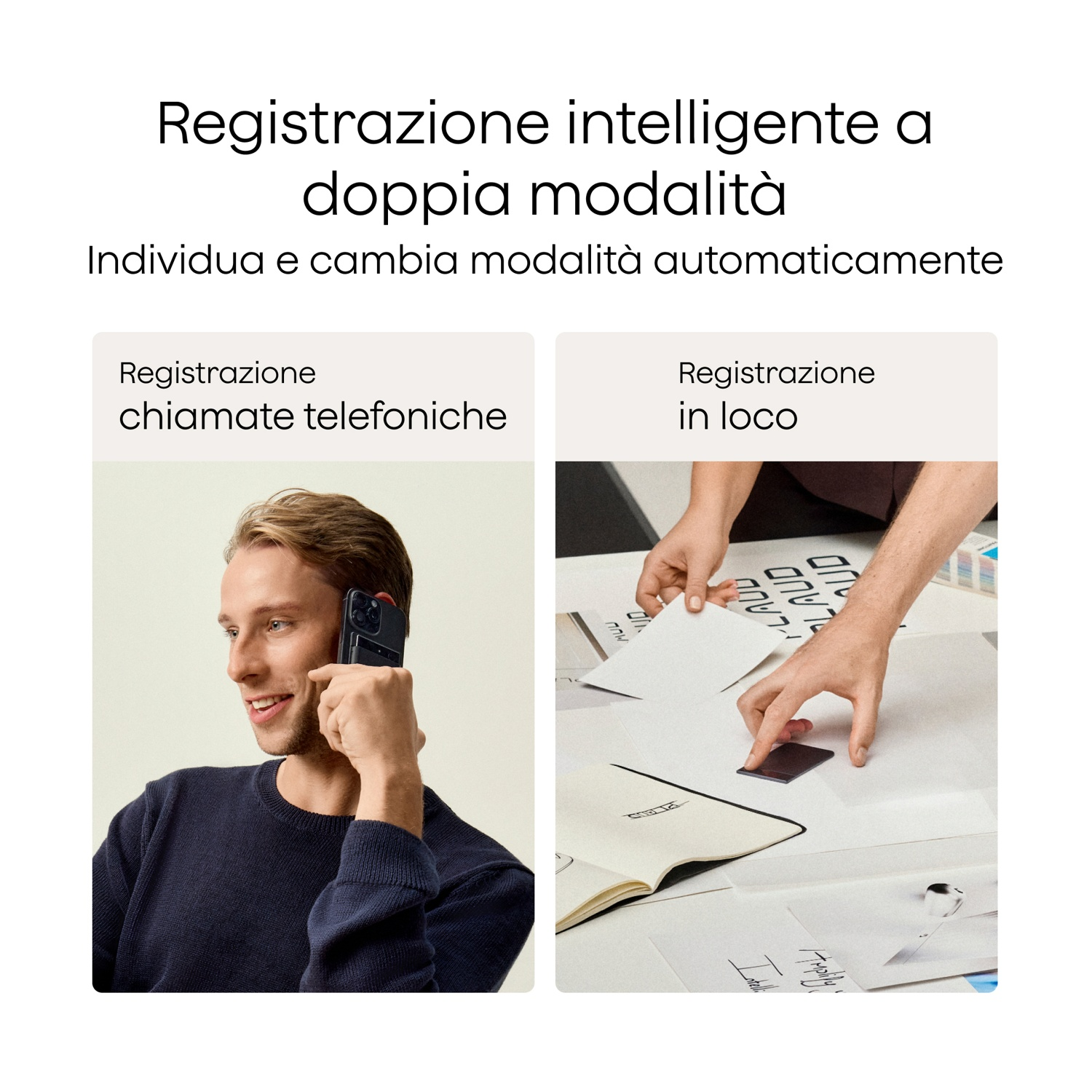 Uomo al telefono, mani lavorano su carta. Registrazione intelligente duale.
