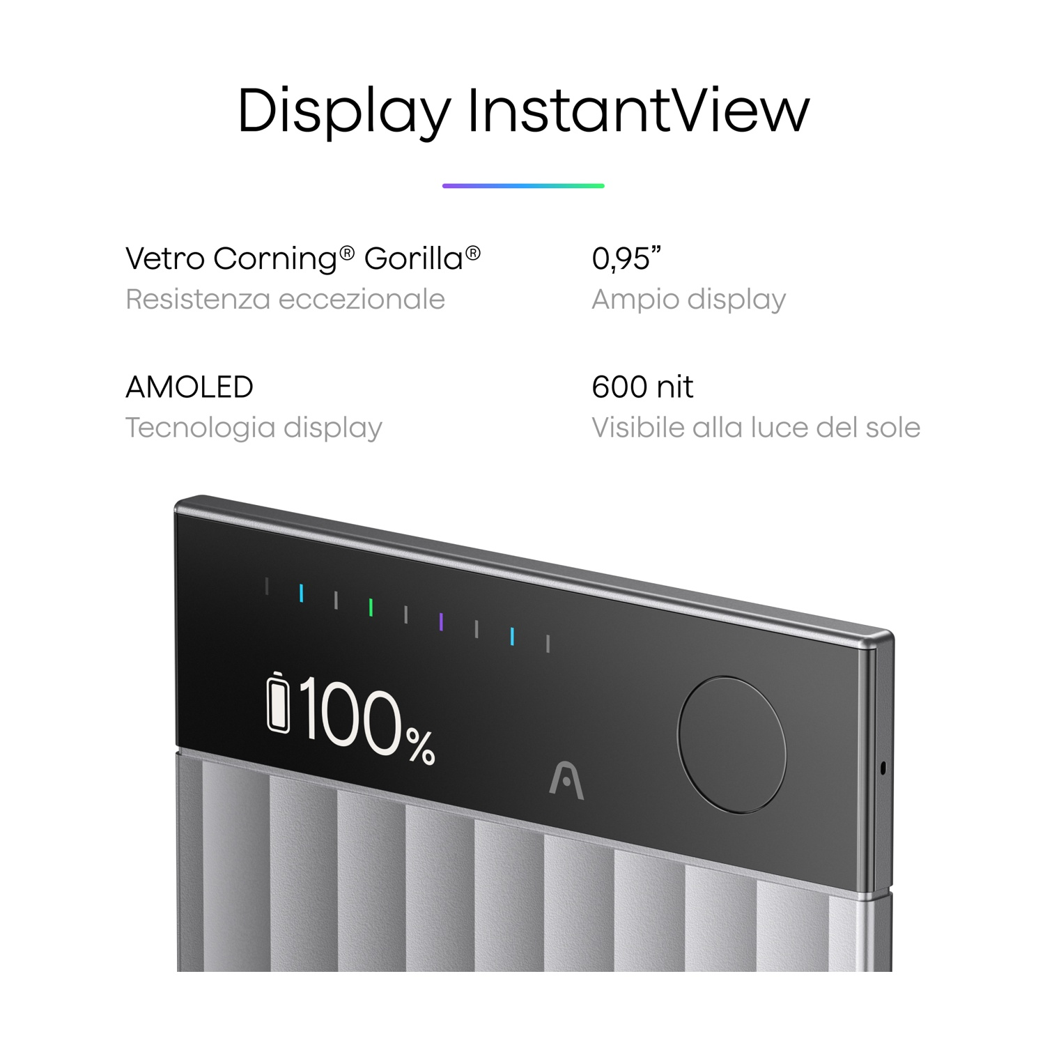 Un display con 100% di batteria, vetro Corning Gorilla e tecnologia AMOLED.