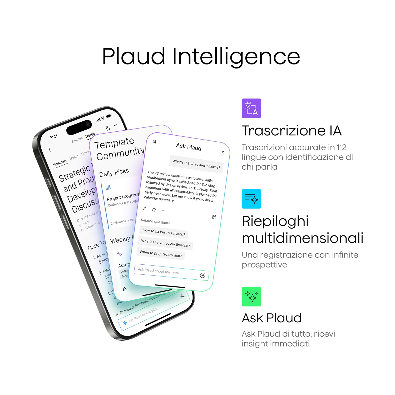 Smartphone mostra l'app "Plaud Intelligence" con funzioni IA, trascrizione e riepiloghi.
