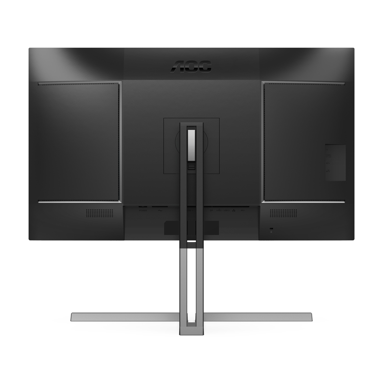 Retro di un monitor AOC nero con supporto argentato e porte.
