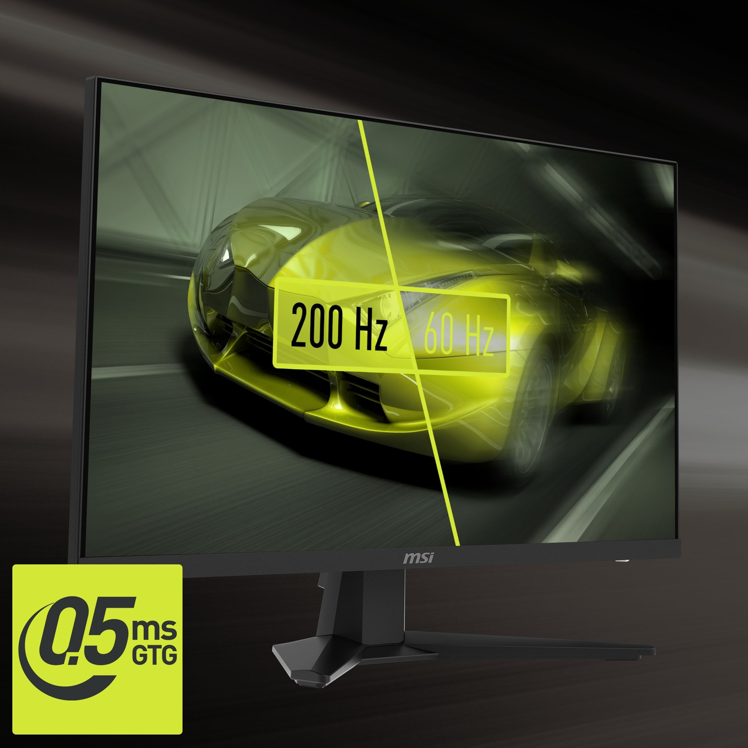 Un monitor mostra un'auto gialla con etichette 200 Hz e 60 Hz.