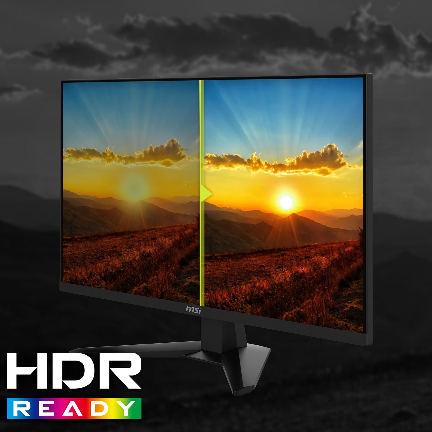Un monitor mostra un'immagine al tramonto. Sinistra HDR, destra normale.