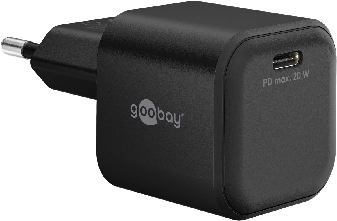 Schwarzer Goobay Netzstecker mit USB-C-Anschluss und 20W PD.