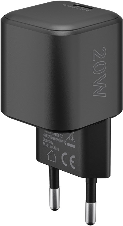 Schwarzer 20W Netzstecker mit "20W"-Aufdruck und deutschen Steckern.