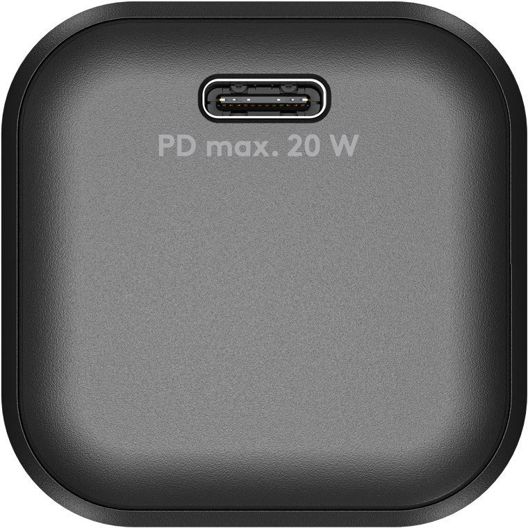 Schwarzer USB-C-Anschluss mit der Aufschrift PD max. 20 W.