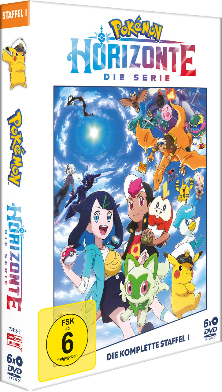 Pokemon Horizont: Die Serie Staffel 1 DVD-Box mit Charakteren und Pokemon im Himmel.