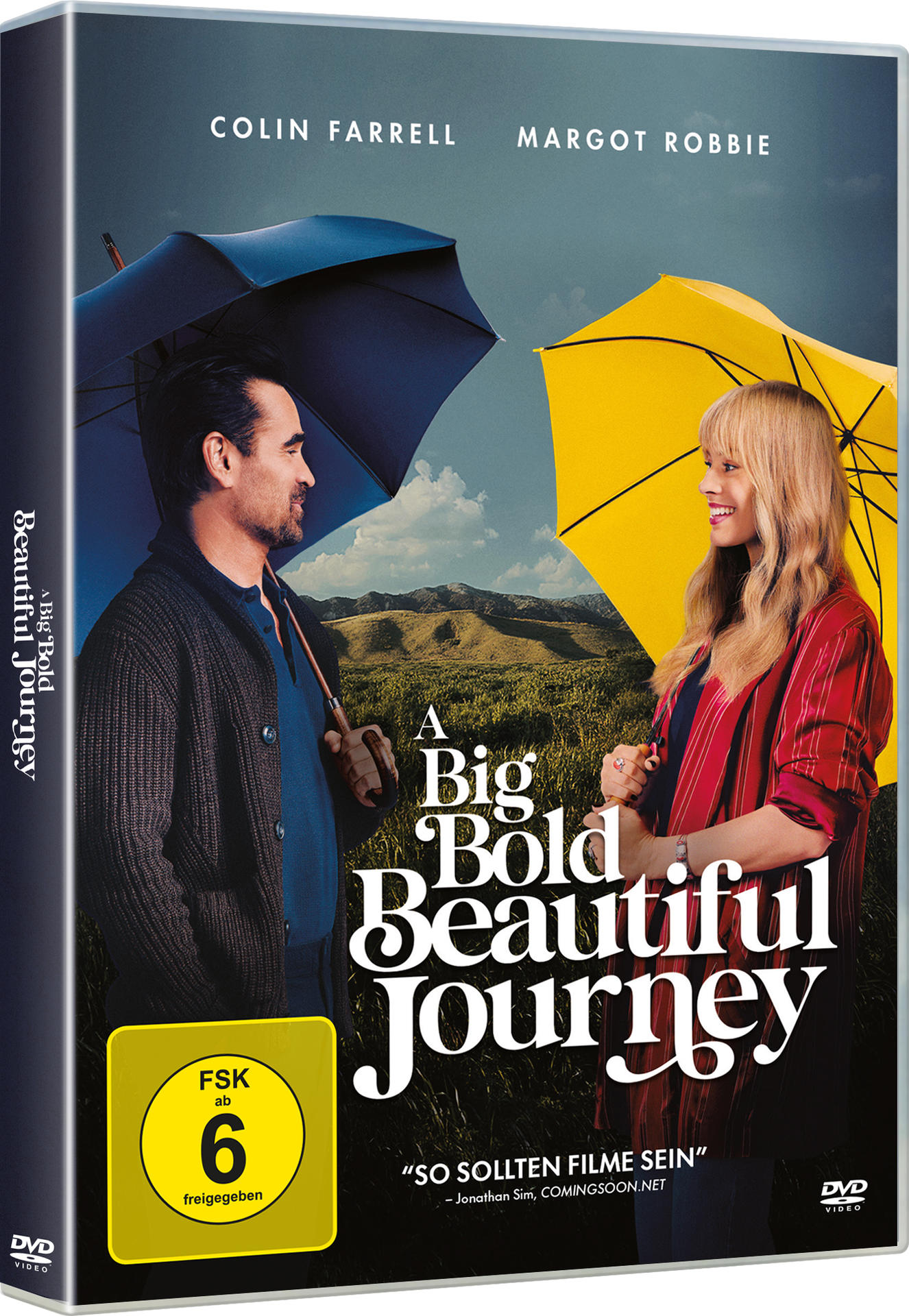 Colin Farrell und Margot Robbie mit Regenschirmen vor einer Landschaft.