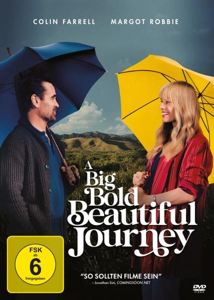 Colin Farrell und Margot Robbie mit Regenschirmen vor einer Landschaft.