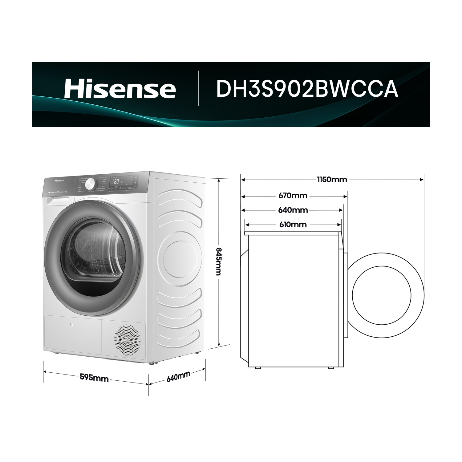 Disegno tecnico di un'asciugatrice Hisense bianca con dimensioni.