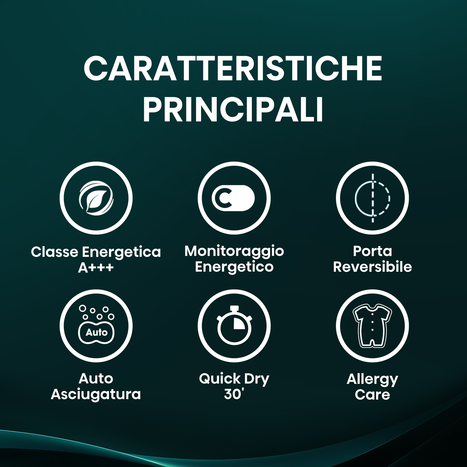 Icone per efficienza energetica, monitoraggio, porta reversibile, asciugatura automatica, rapida e cura allergie.