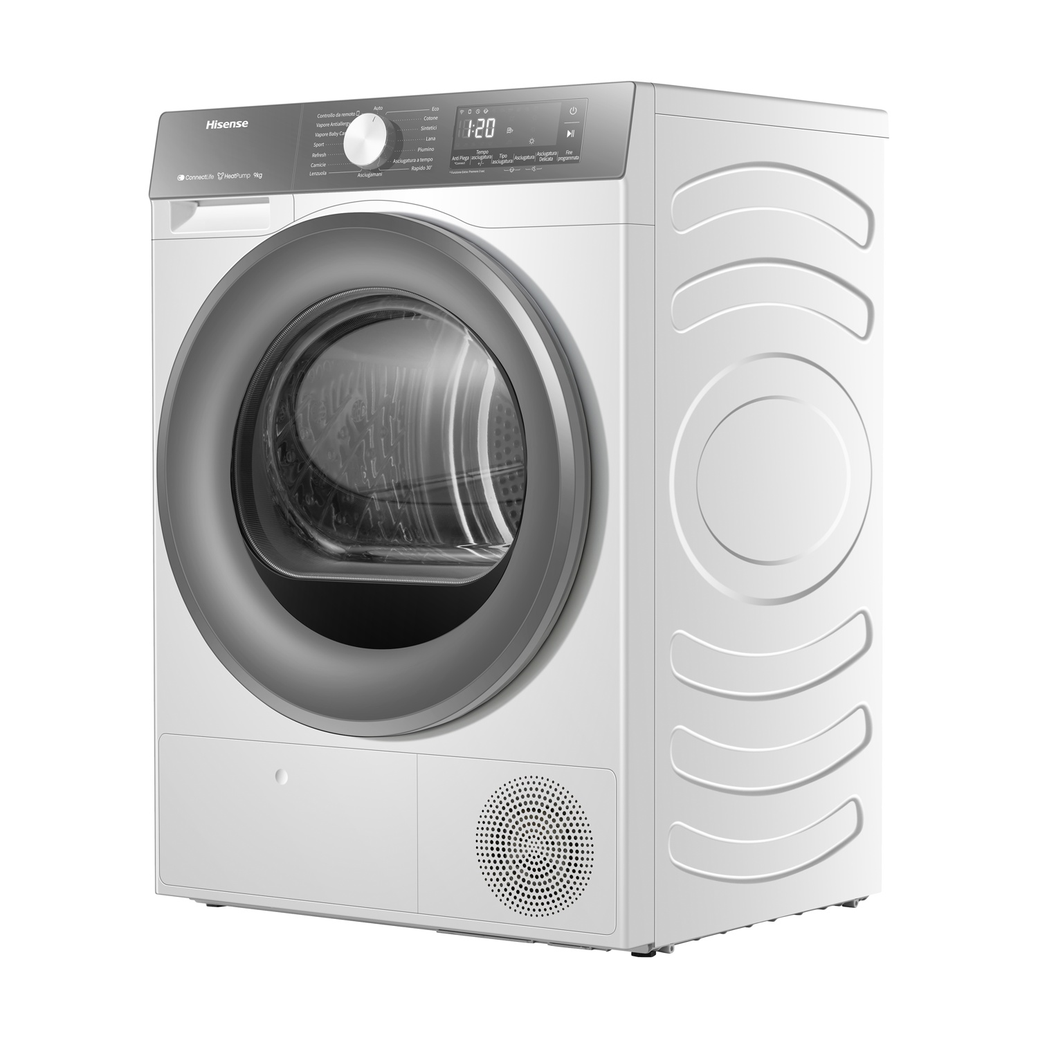 Un'asciugatrice Hisense a pompa di calore bianca, con porta bordata d'argento e pannello digitale.
