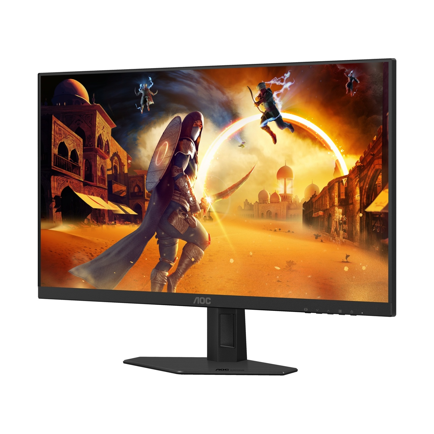 Un monitor mostra un gioco fantasy con guerrieri in una città al tramonto.