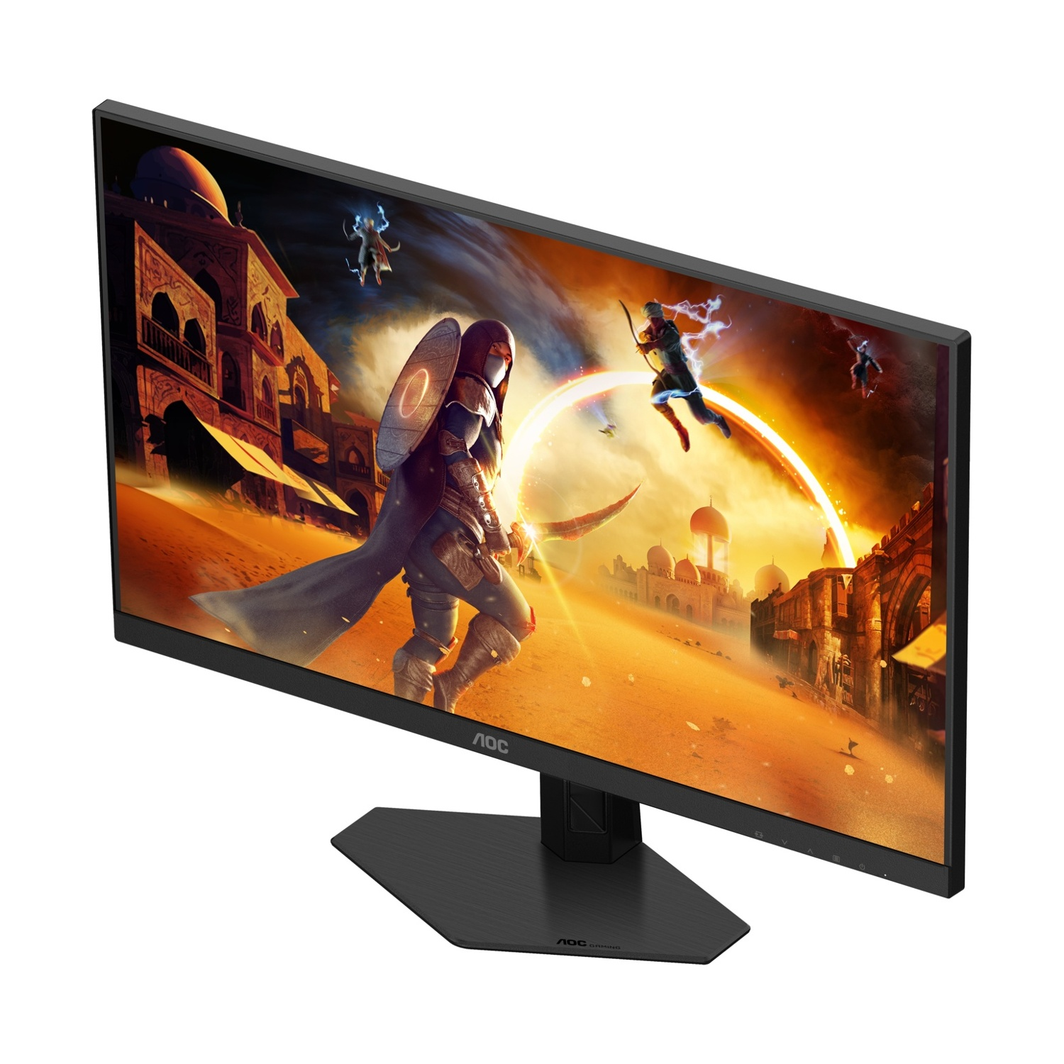 Un monitor da gaming mostra una scena fantasy con guerrieri in una città desertica.