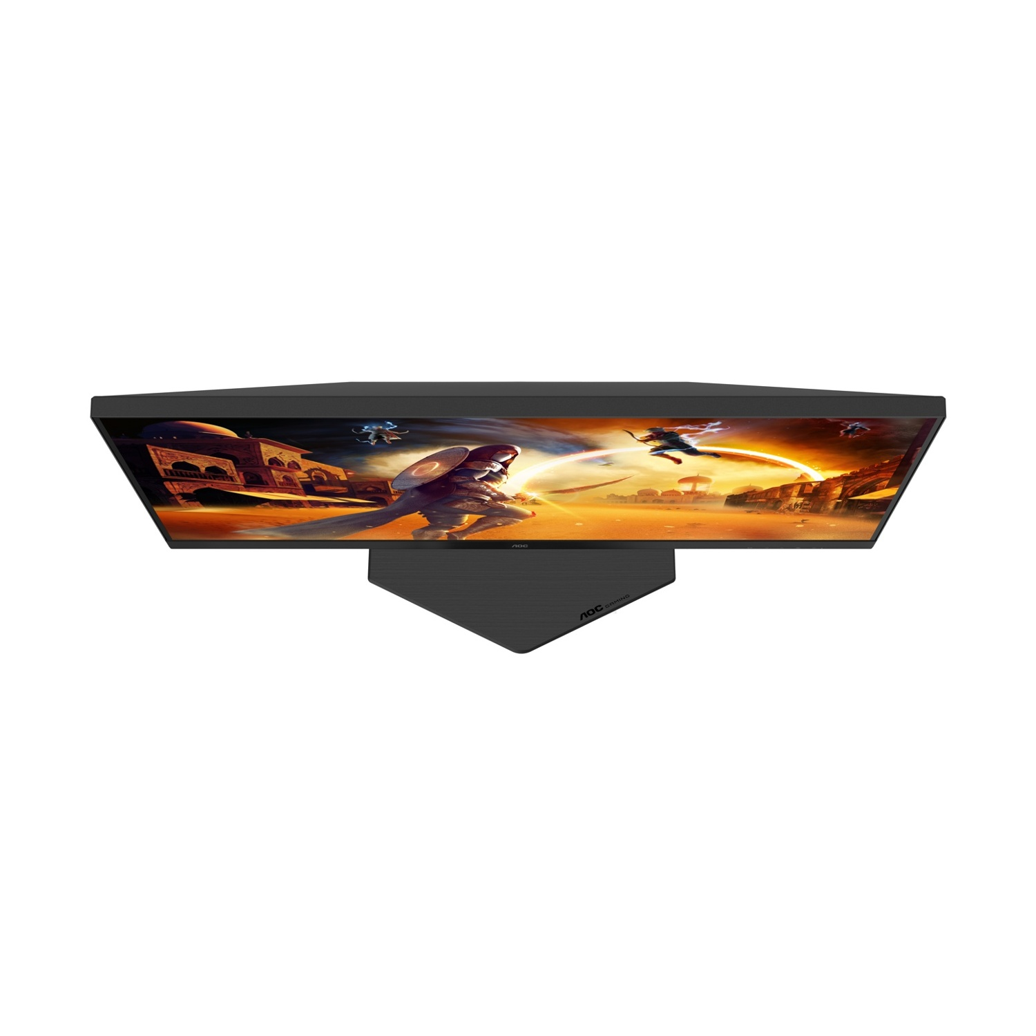 Un monitor da gaming mostra una scena di battaglia fantasy con guerrieri ed edifici.