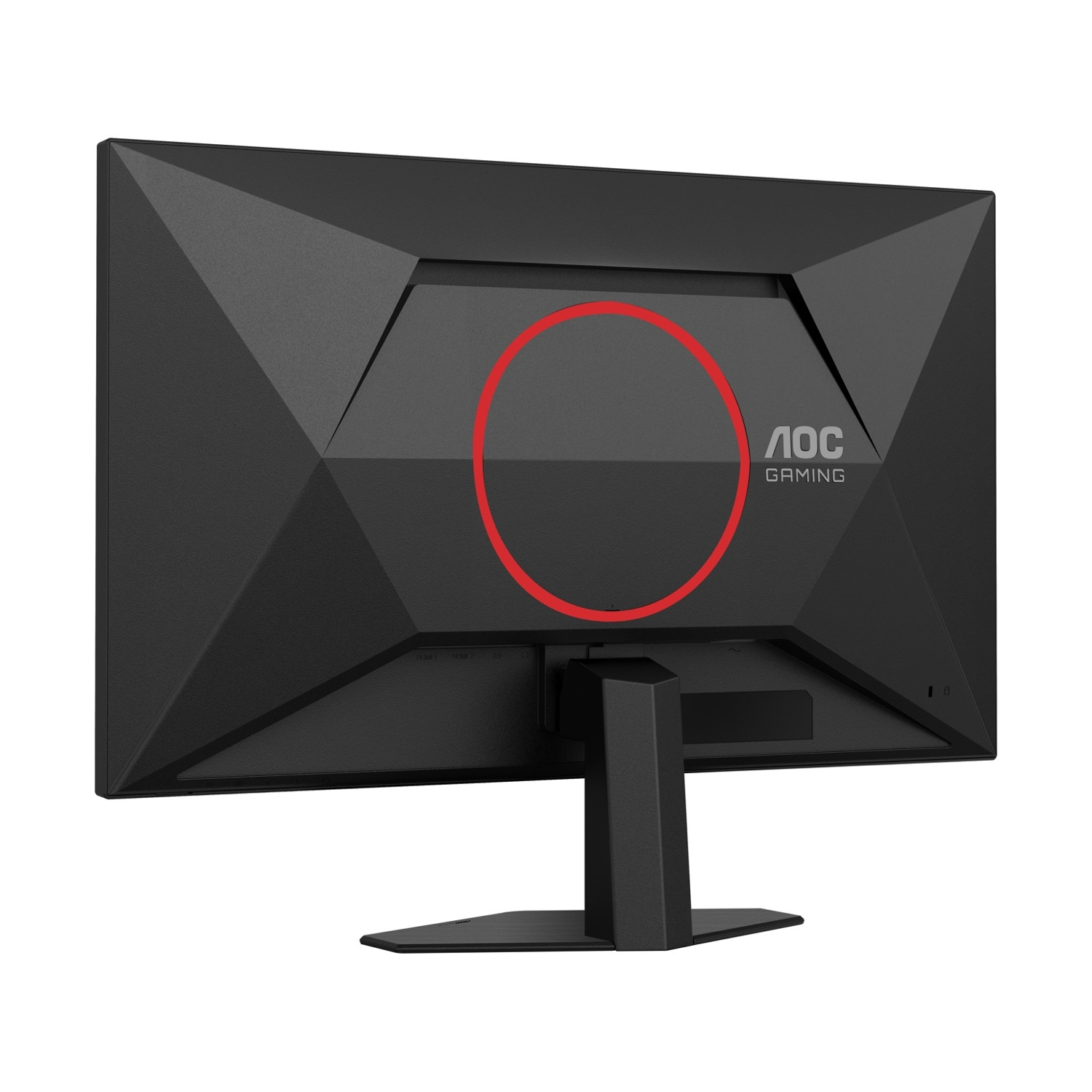 Retro di un monitor gaming AOC nero con cerchio rosso e logo.