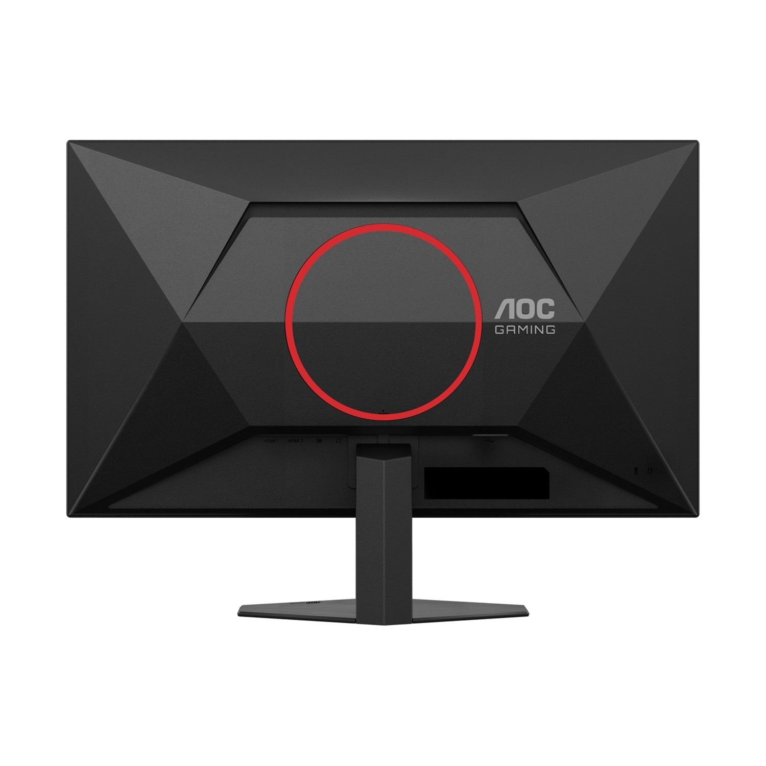 Retro di un monitor AOC Gaming nero con accento circolare rosso.