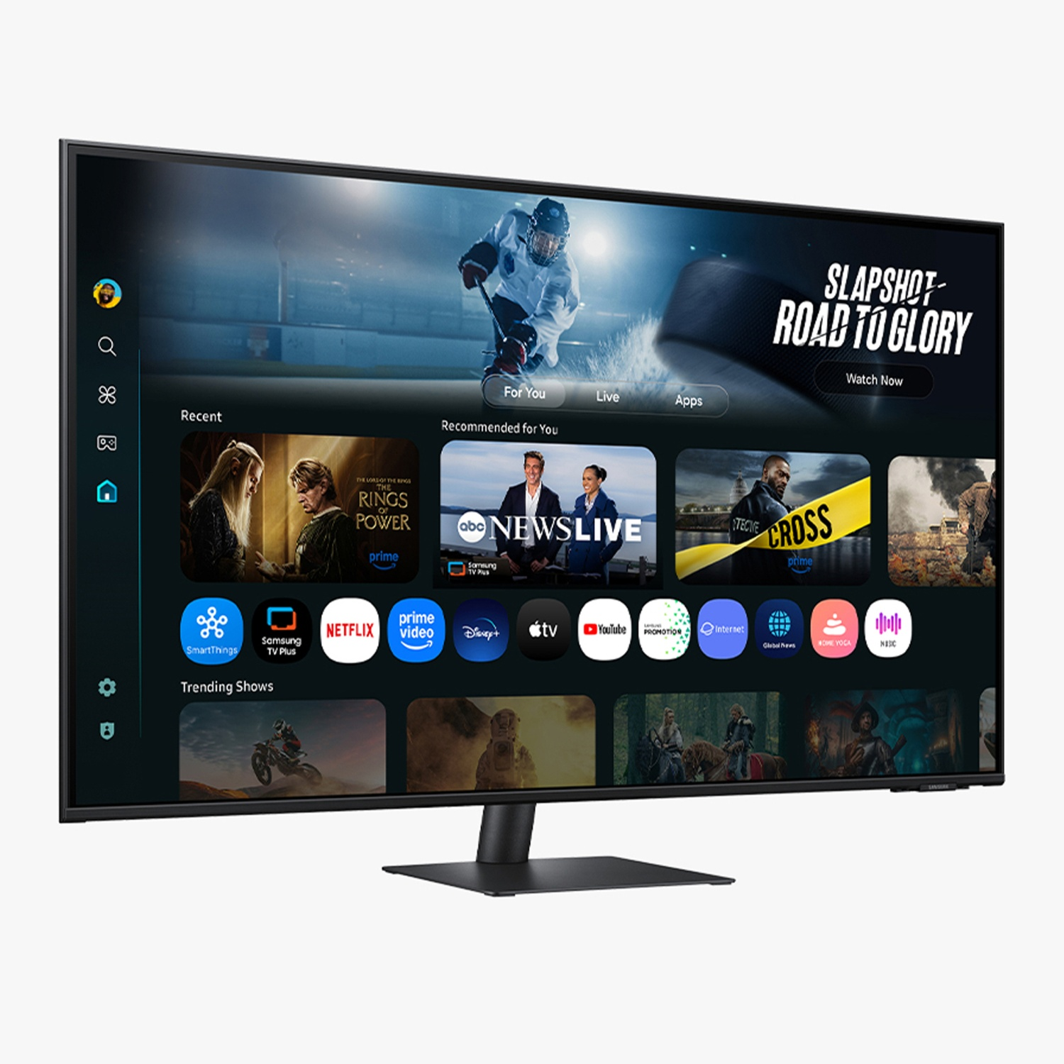 Un televisore moderno mostra un'interfaccia smart TV con app e contenuti.