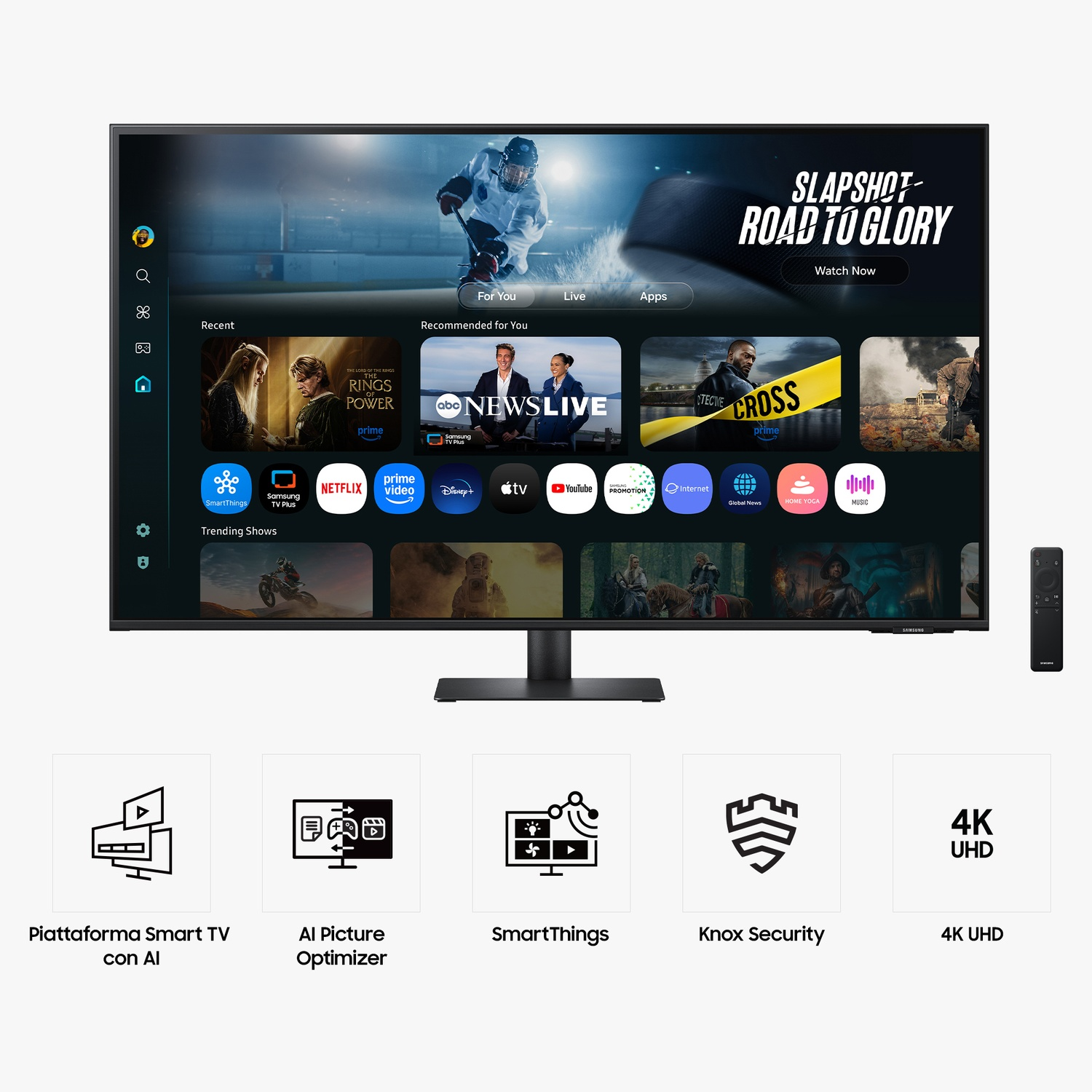 Una Smart TV mostra selezione contenuti, app e schermo di hockey.