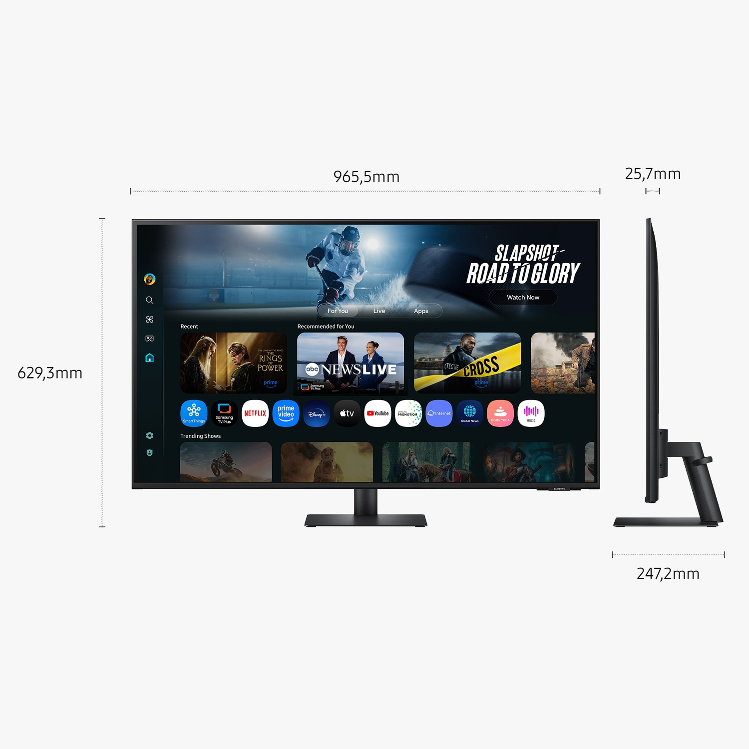 Un grande schermo TV mostra un'interfaccia smart TV con varie icone di app e show in tendenza.