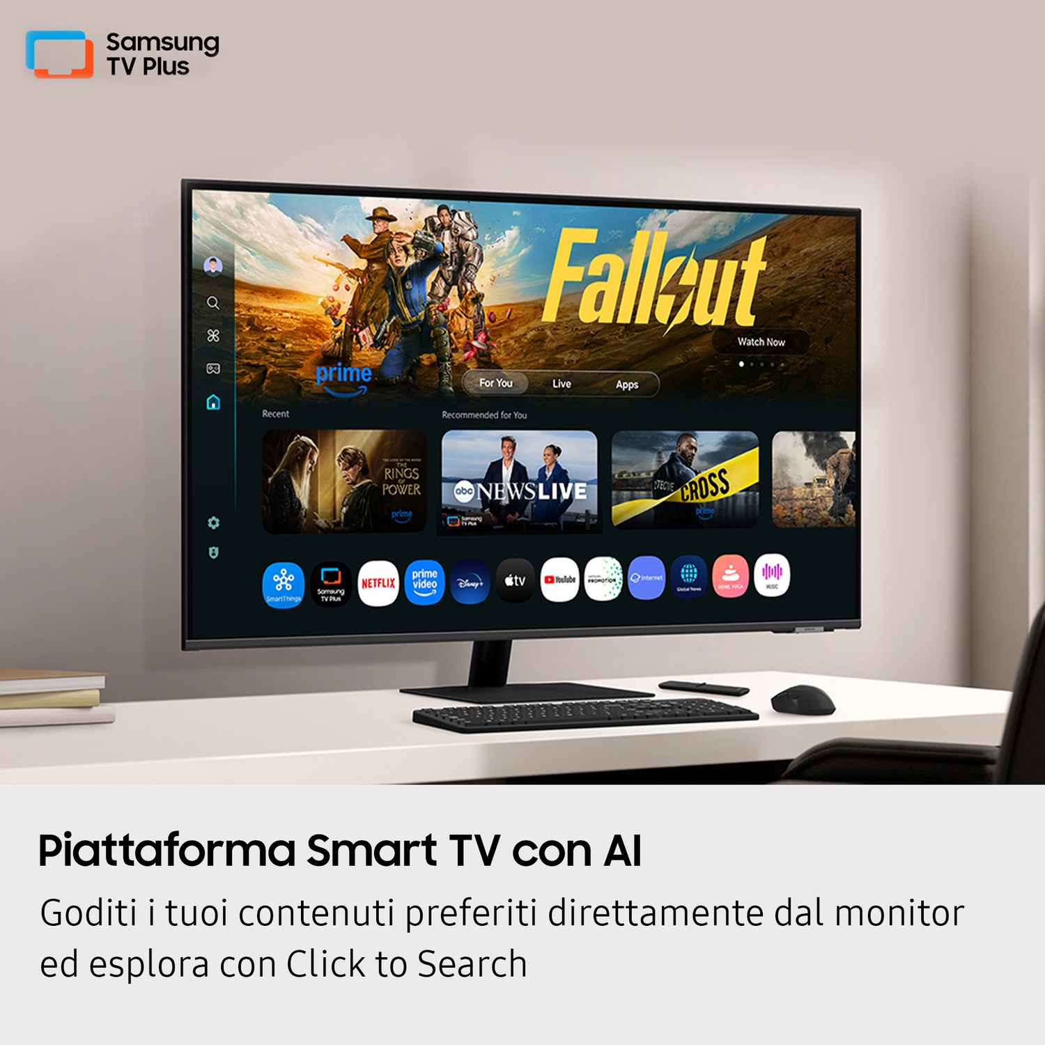 Smart TV Samsung mostra pubblicità 'Fallout'. App come Prime Video, Netflix visibili.