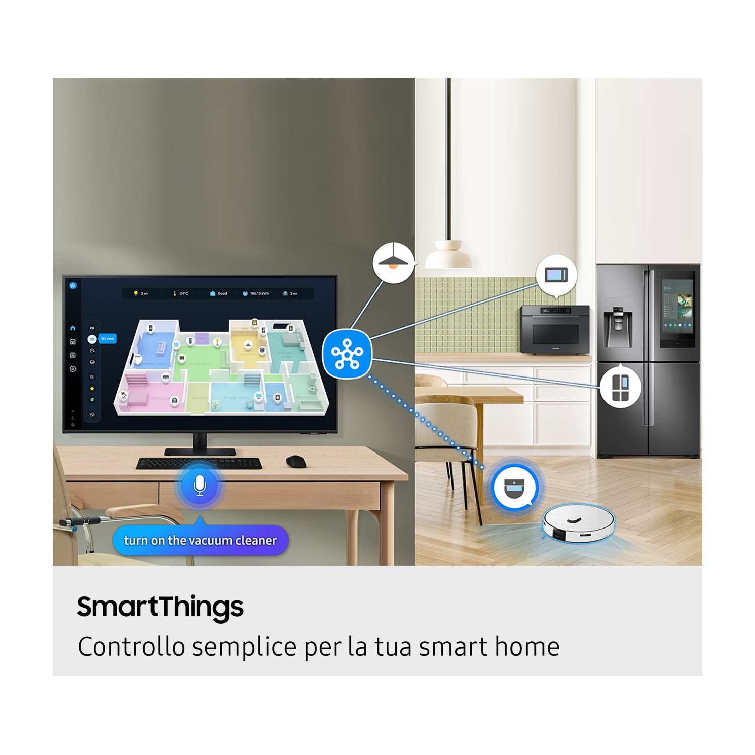 Un sistema smart home mostra una planimetria con dispositivi. Un robot aspirapolvere si muove sul pavimento.