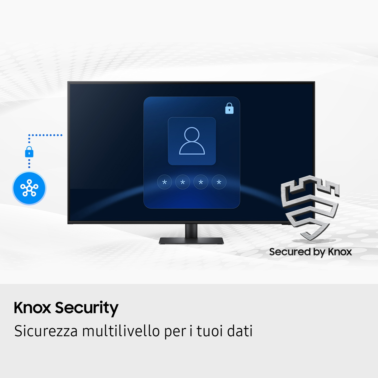 Uno schermo mostra un'interfaccia di login con icona persona e stelle. A destra uno scudo con logo Knox.