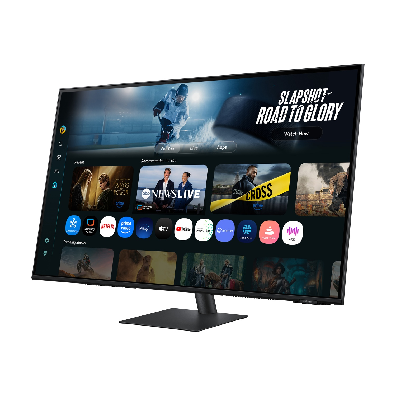 Un moderno monitor Samsung mostra un'interfaccia smart TV con app e show.