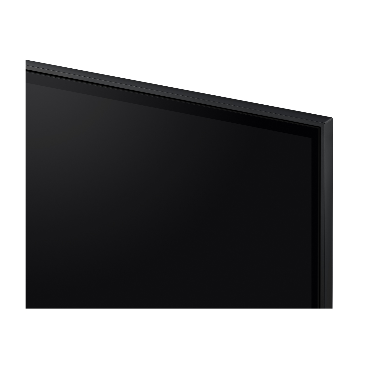Primo piano di uno schermo TV nero con una sottile cornice nera.