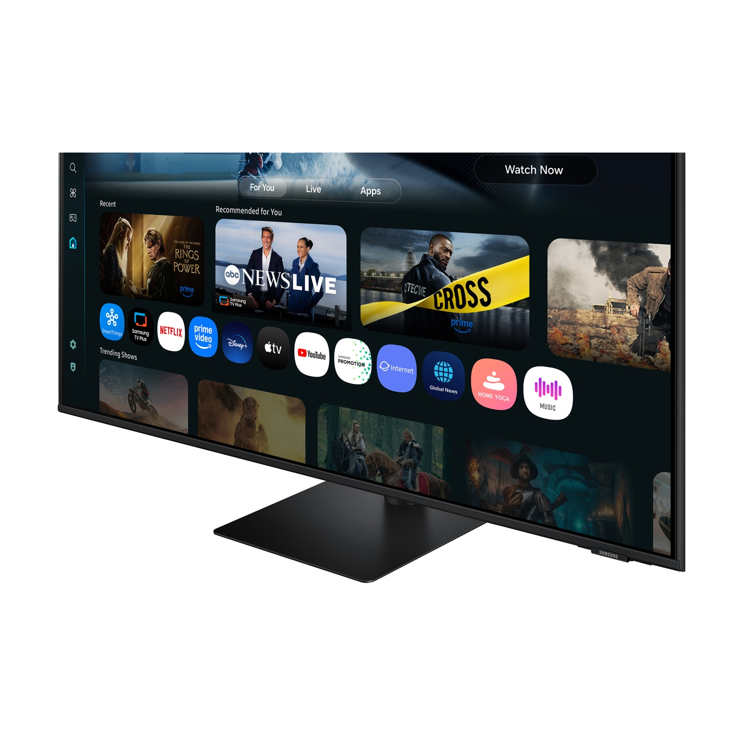 Una moderna Smart TV Samsung visualizza un'interfaccia utente con app e contenuti.