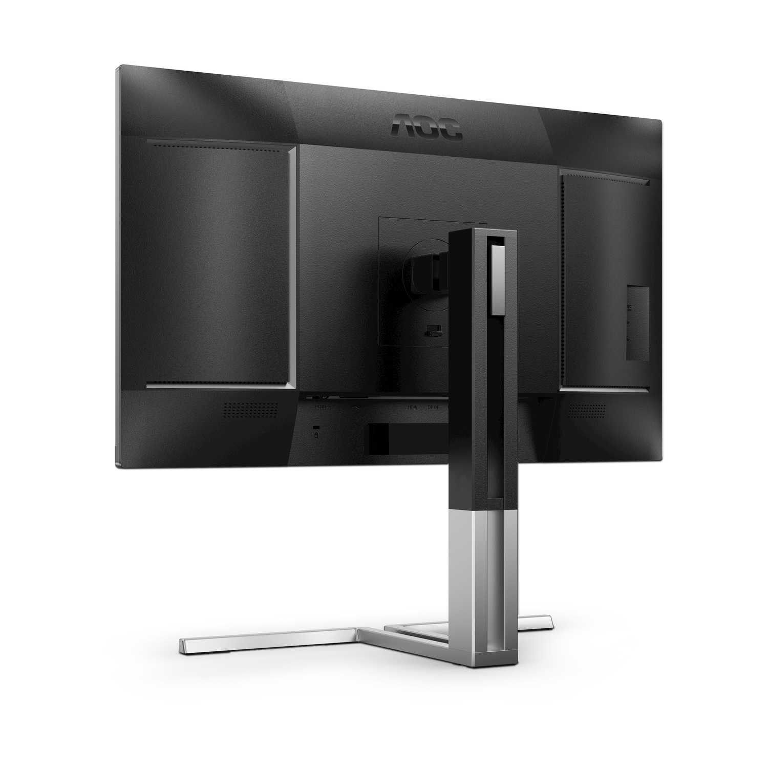 Vista posteriore di un monitor AOC nero con supporto argento e porte.