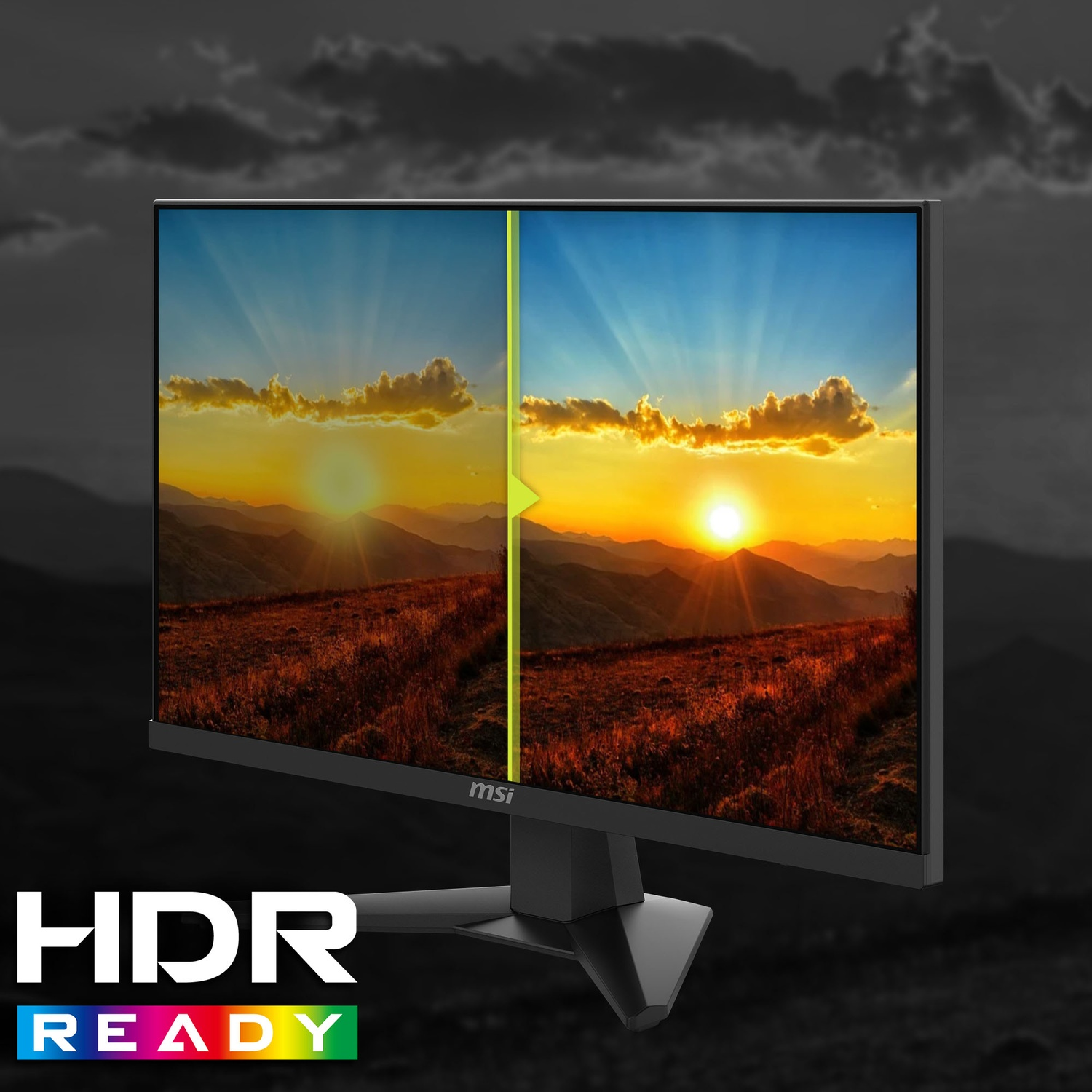Monitor mostra confronto tramonto affiancato, sinistra SDR, destra HDR.