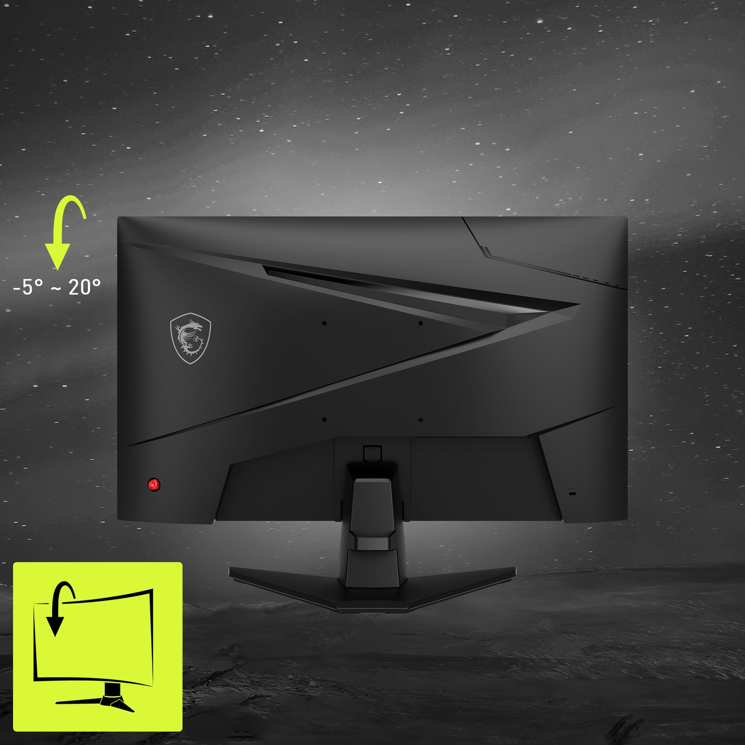 Retro di un monitor nero con logo MSI, intervallo di inclinazione -5° a 20°.