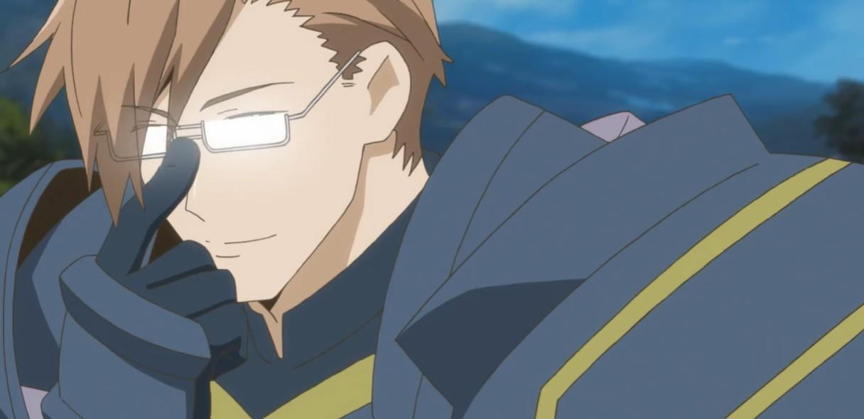 Anime-Charakter mit Brille und blauer Rüstung, der auf den Finger tippt.