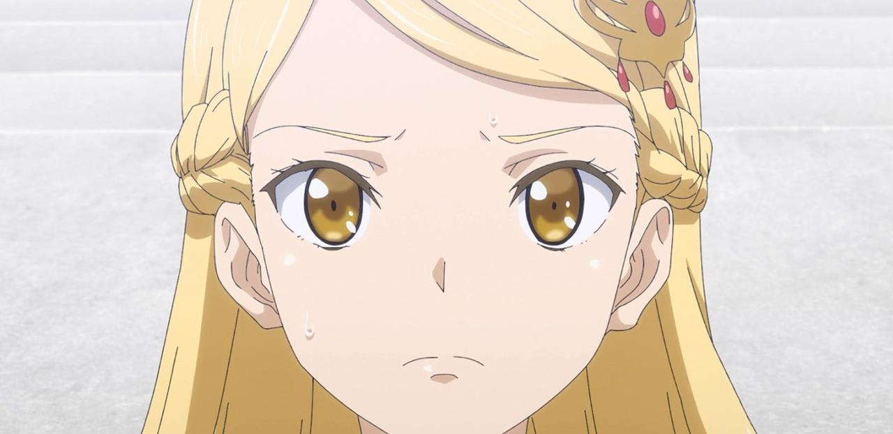 Ein Anime-Mädchen mit blonden Zöpfen und großen braunen Augen schwitzt.