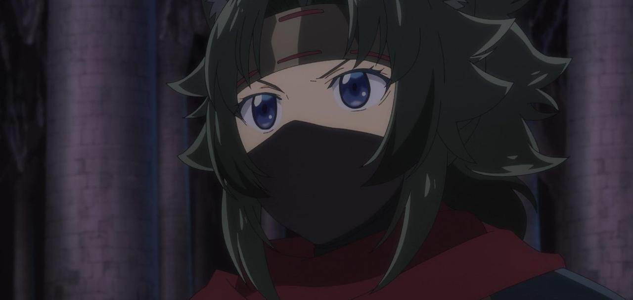Anime-Figur mit dunklem Haar, schwarzer Maske und rotem Schal vor dunklem Hintergrund.