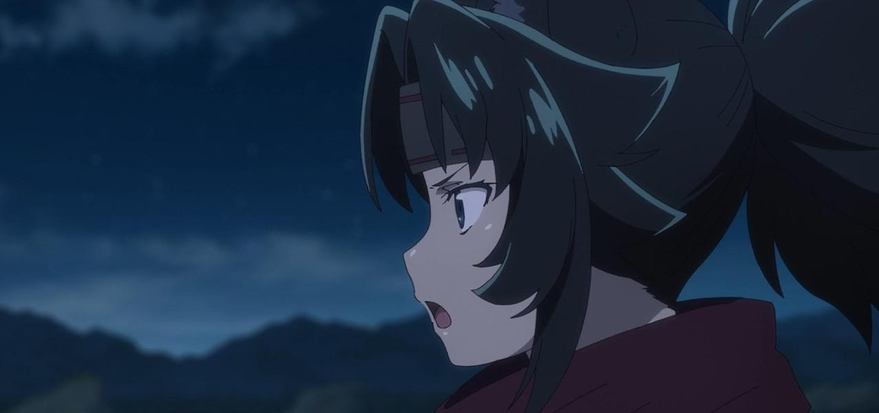 Ein Anime-Charakter mit dunklem Haar und Stirnband, im Profil, mit offenem Mund.