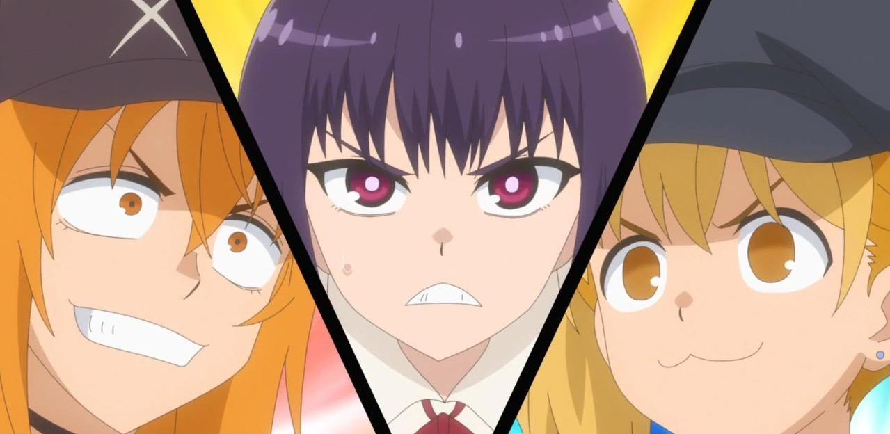 Drei Anime-Mädchen mit unterschiedlichen Ausdrücken, in drei Abschnitten geteilt.