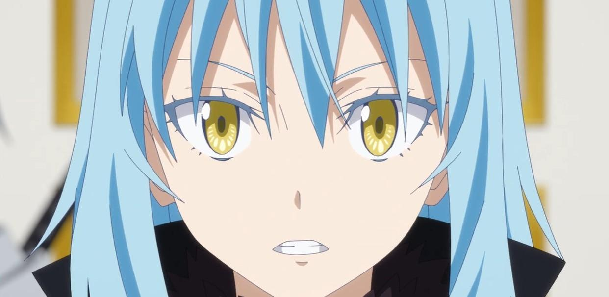 Ein Anime-Charakter mit hellblauen Haaren und gelben Augen schaut nach vorne.