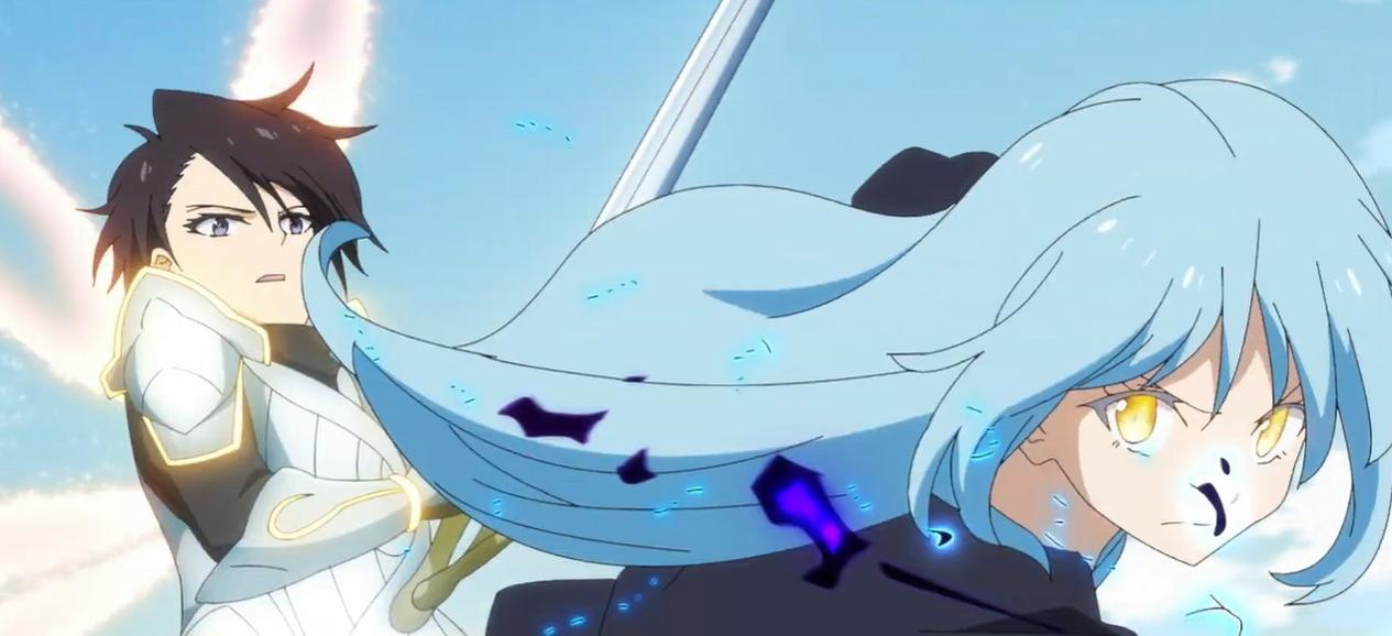 Zwei Anime-Charaktere kämpfen, einer in weißer Rüstung, der andere mit hellblauen Haaren.