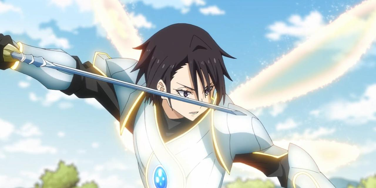 Ein Anime-Charakter in weißer Rüstung mit einem Schwert, das im Himmel leuchtet.
