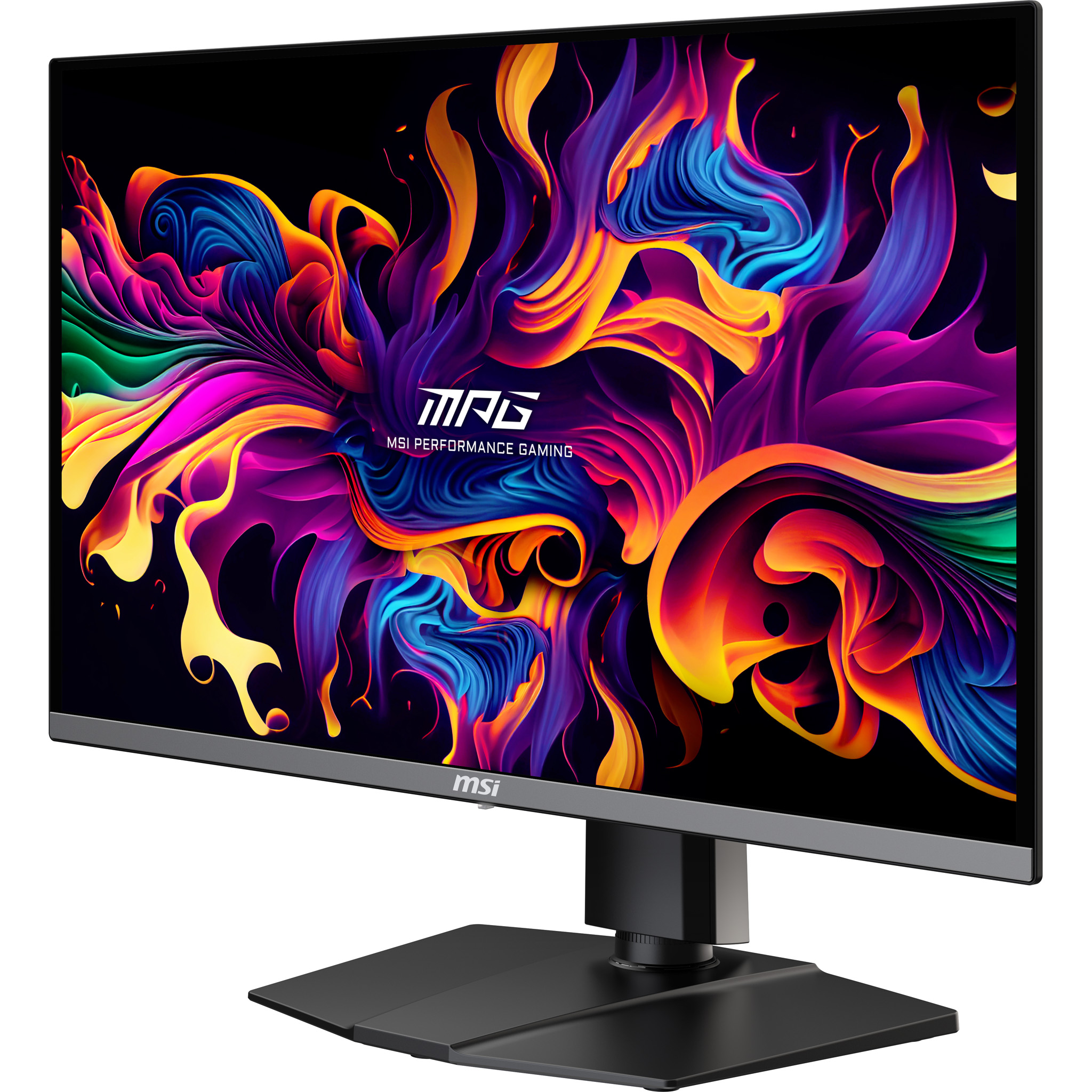 Ein schwarzer Gaming-Monitor mit einem bunten, abstrakten Hintergrundbild.