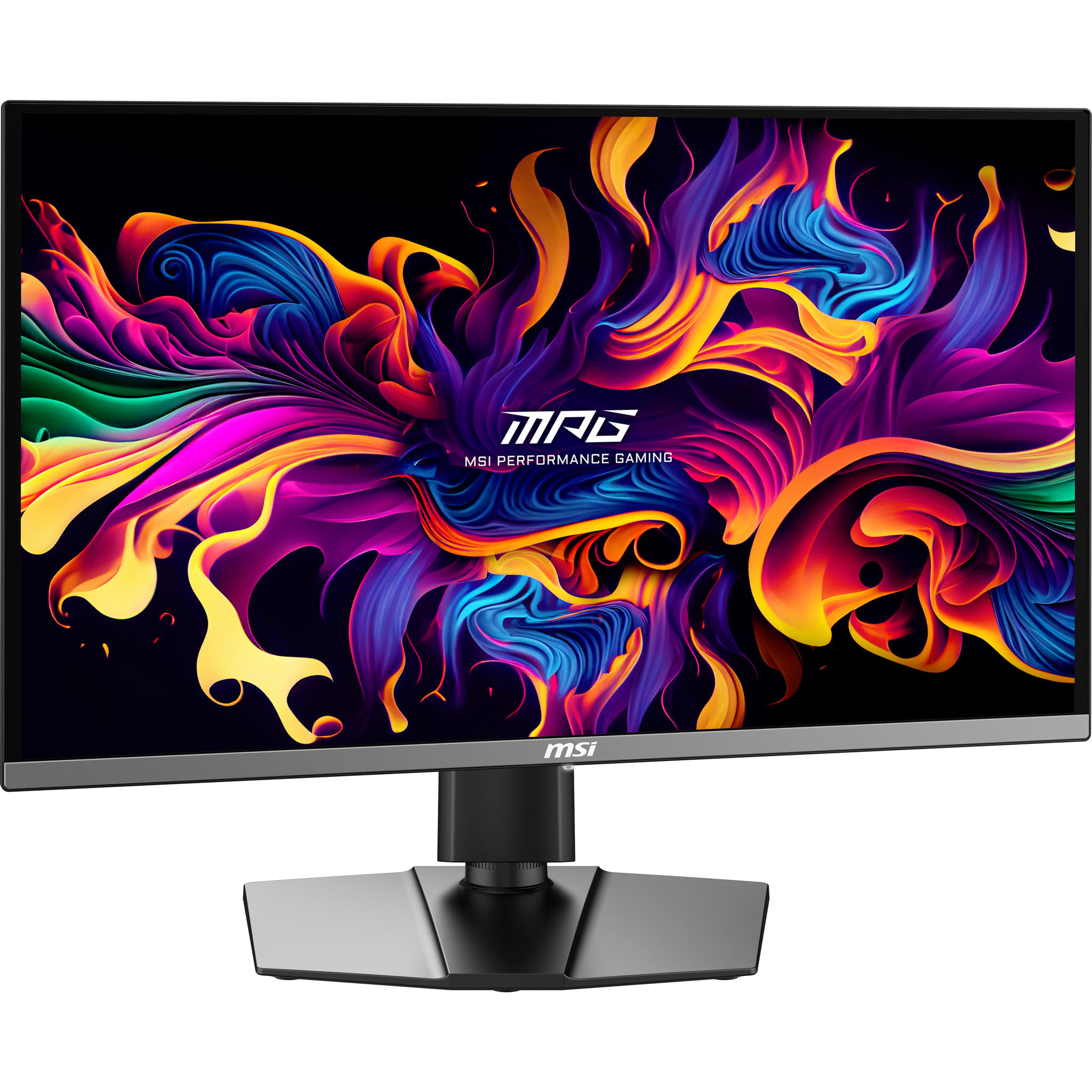 Ein moderner Gaming-Monitor mit einem lebendigen, abstrakten Hintergrund.