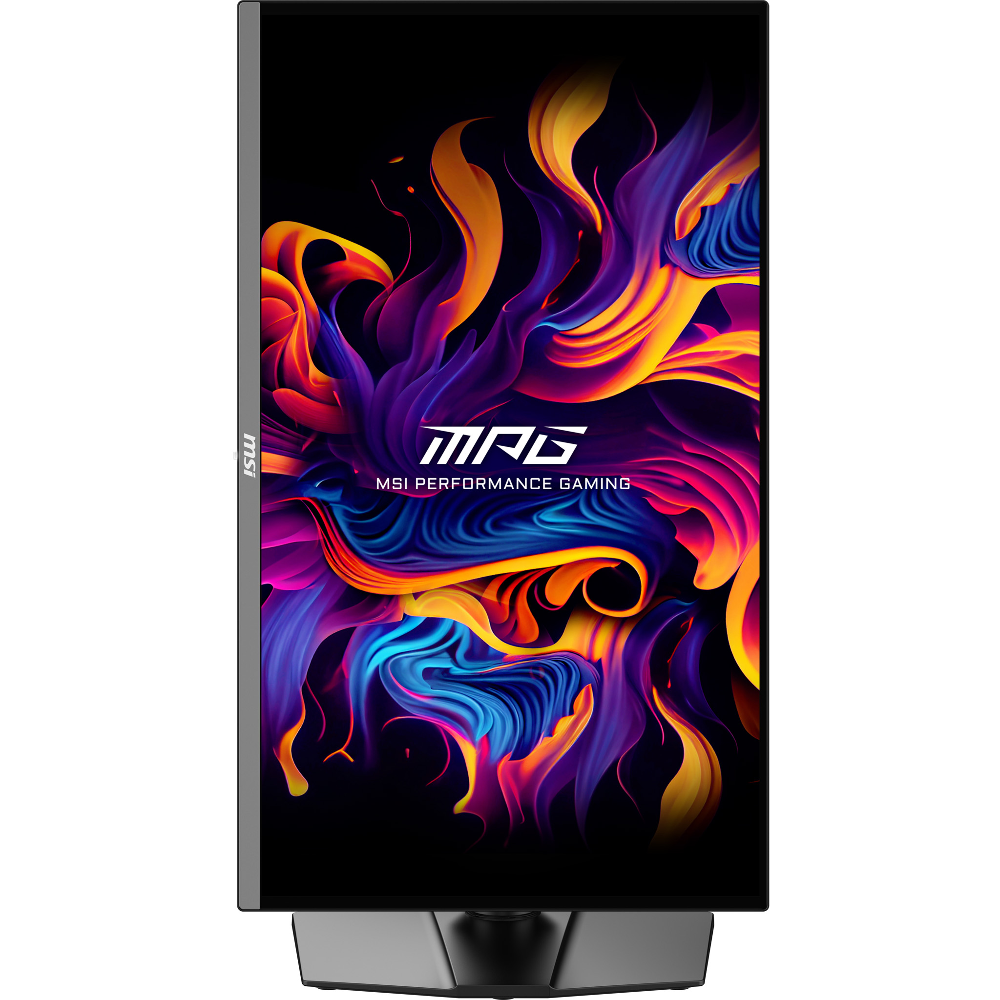 Ein vertikaler Monitor mit einem lebendigen, abstrakten Flammenmuster in Lila, Orange und Blau.