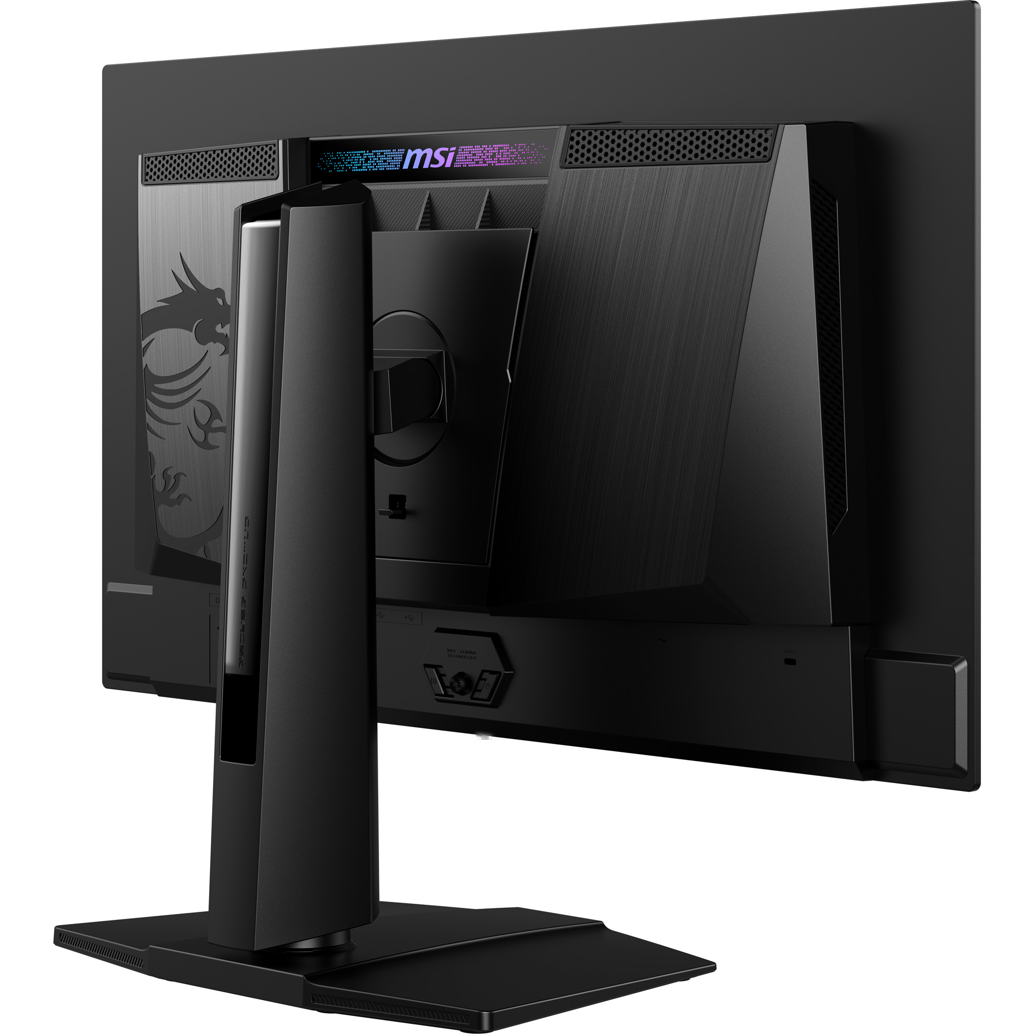 Rückseite eines schwarzen MSI Gaming Monitors mit Drachenlogo und Anschlüssen.