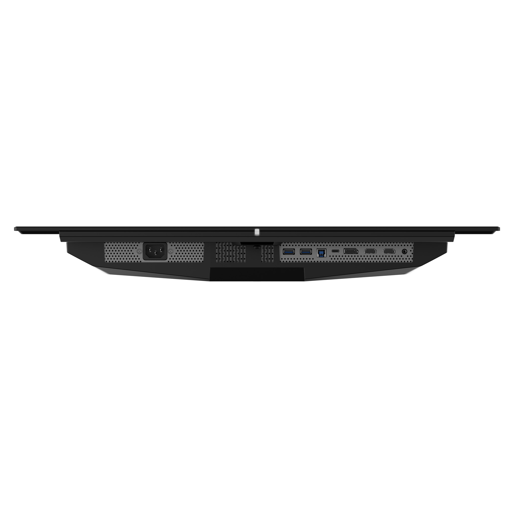 Schwarzes Gerät mit Ladeanschlüssen: Strom, USB-A, USB-C, HDMI.