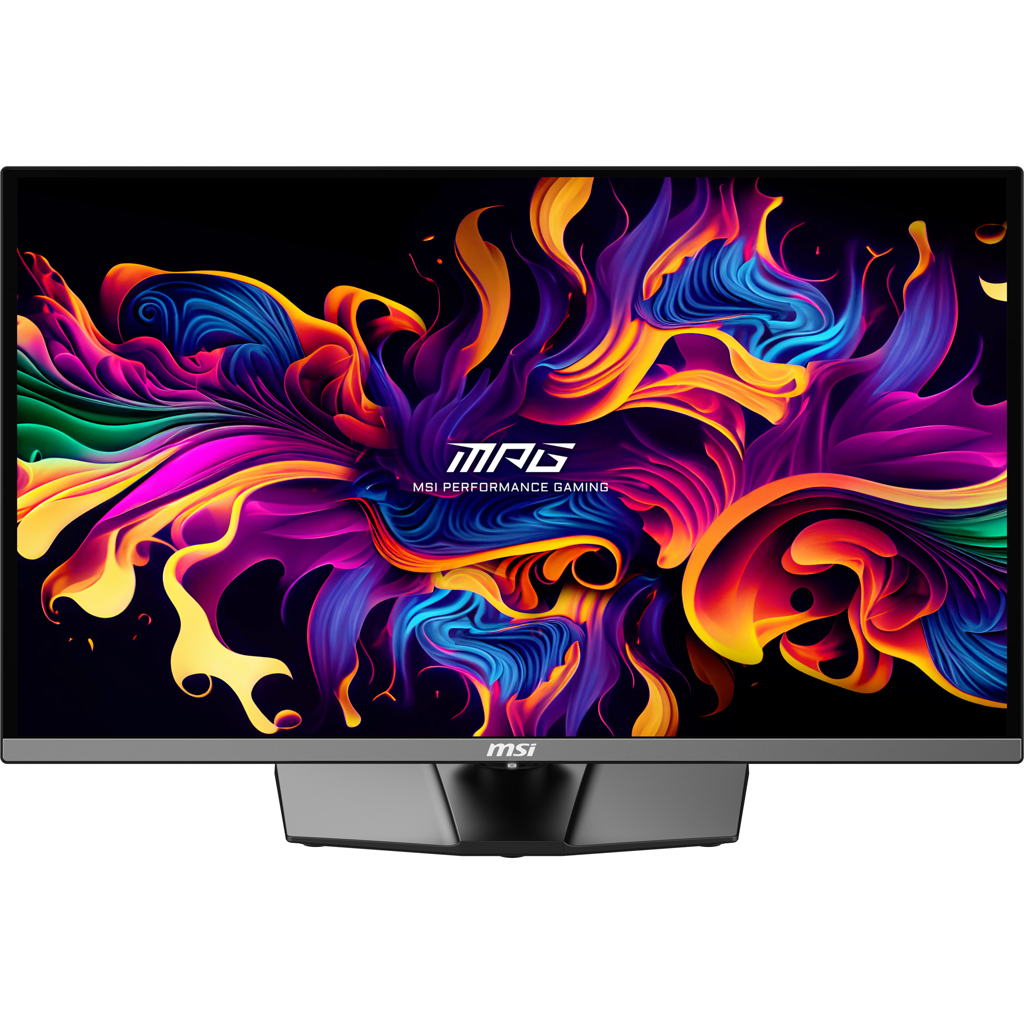 Ein MSI-Monitor mit einem bunten, flammenartigen Design auf dem Bildschirm.