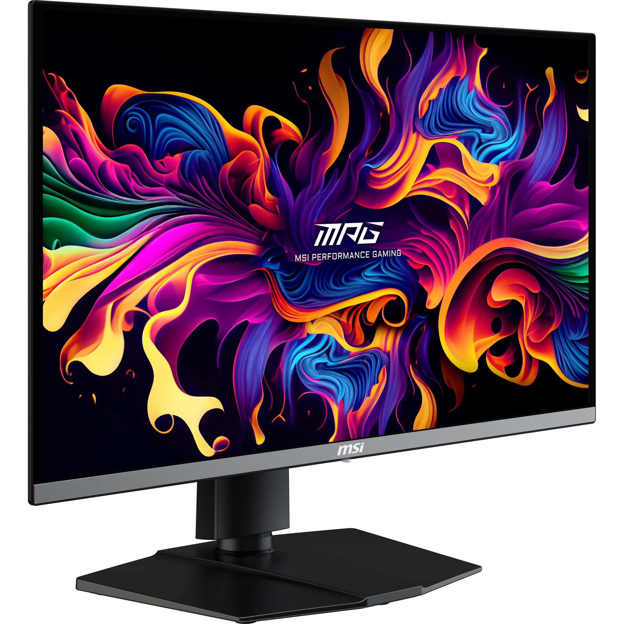 Ein moderner MSI-Monitor mit einem lebendigen, abstrakten Hintergrund in Lila, Blau und Orange.