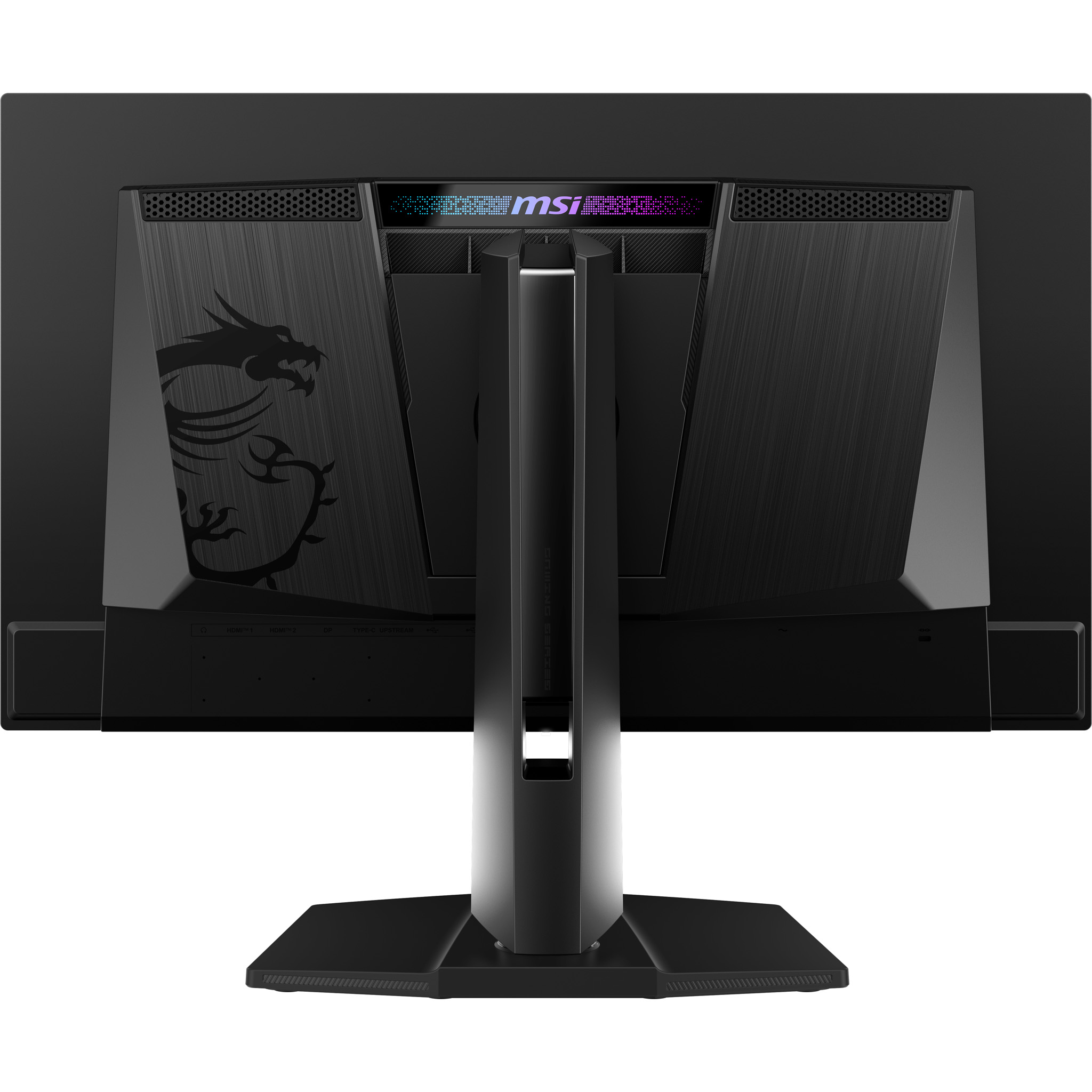 Rückseite eines schwarzen MSI Gaming Monitors mit Drachenlogo und RGB-Beleuchtung.